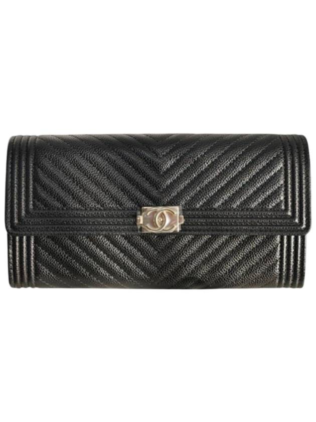 Logo Flap Grained Calfskin Long Wallet Black - CHANEL - BALAAN 1