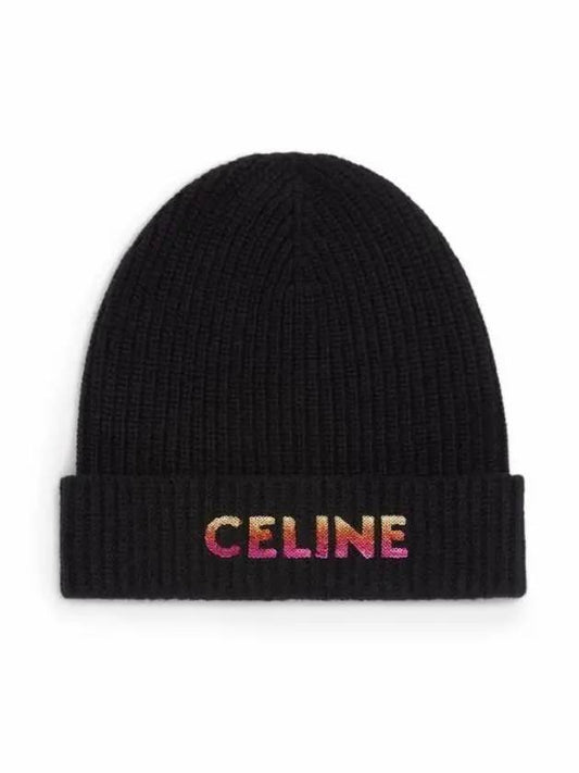 logo embroidered wool beanie black - CELINE - BALAAN.