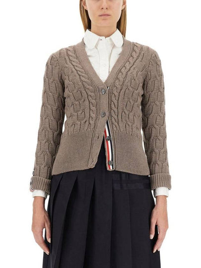 Merino Wool Crisscross Cable Stitch 3/4 Sleeve V-Neck Cardigan Medium Brown - THOM BROWNE - BALAAN 2