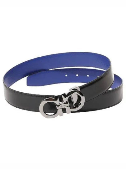 Silver Gancini Reversible Leather Belt Blue - SALVATORE FERRAGAMO - BALAAN 2