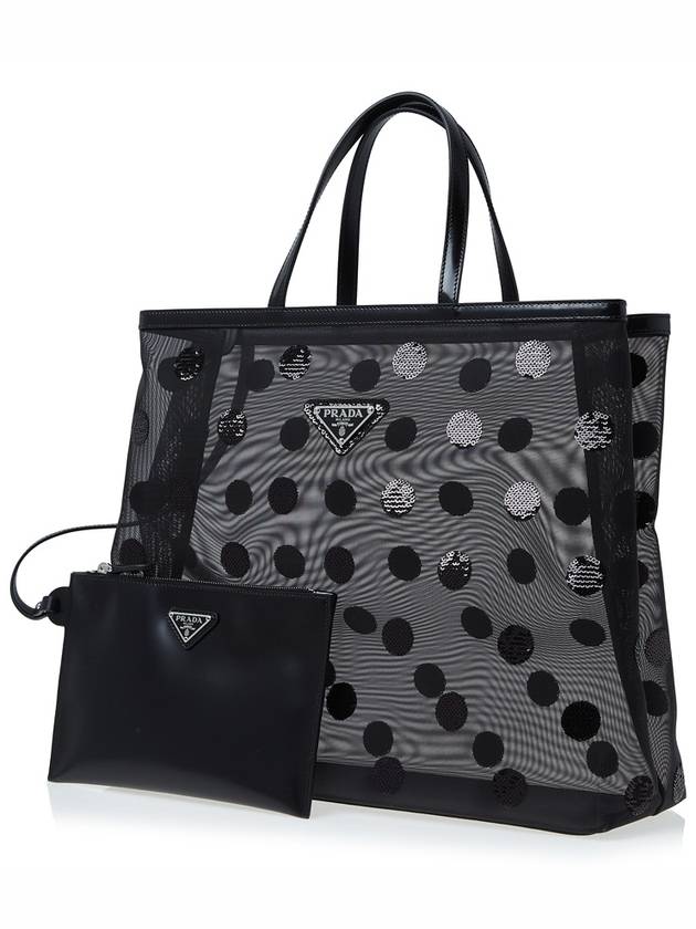Women's Polka Dot Mesh Shopper Tote Bag Black - PRADA - BALAAN.