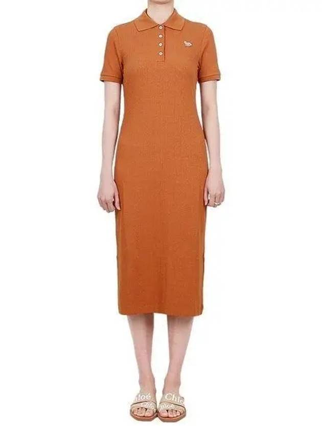 Fine Ribbed Polo Long Dress Tobacco - MAISON KITSUNE - BALAAN 2