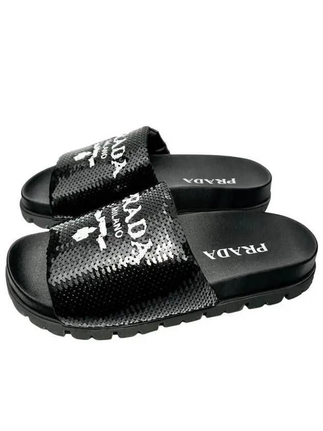 Logo Sequin Rubber Sole Slippers Black - PRADA - BALAAN 3