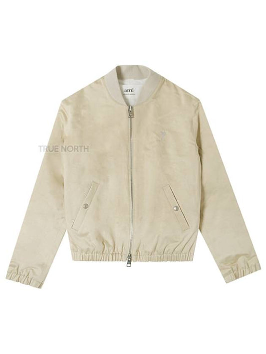 Embroidered Heart Logo Cotton Satin Bomber Jacket Beige - AMI - BALAAN.