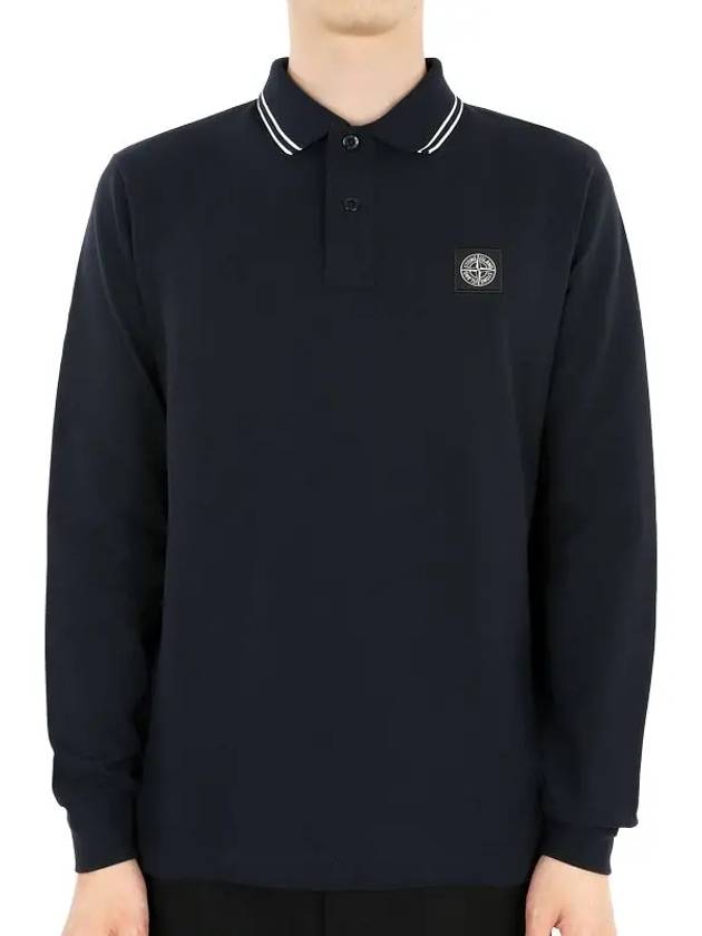 Stretch Qiqué Logo Long Sleeve Polo Shirt Navy - STONE ISLAND - BALAAN 3