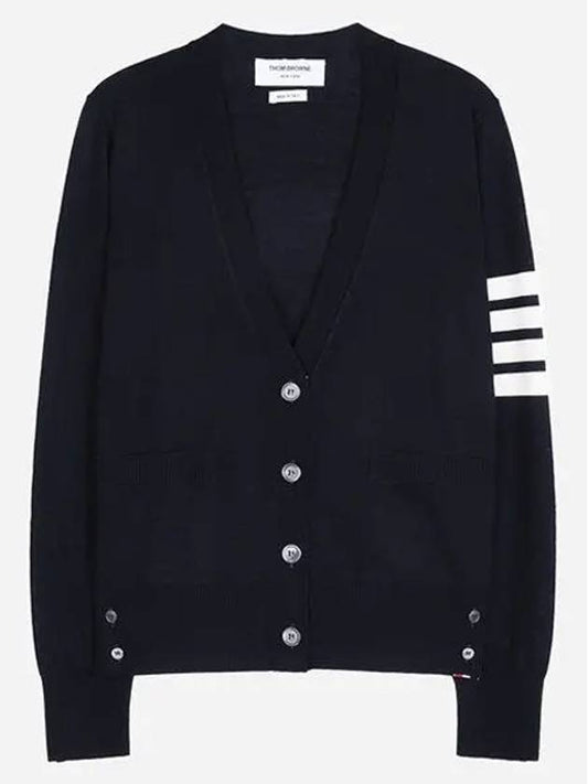 Sustainable Fine Merino Wool 4-Bar Relaxed Fit V-Neck Cardigan Navy - THOM BROWNE - BALAAN 2