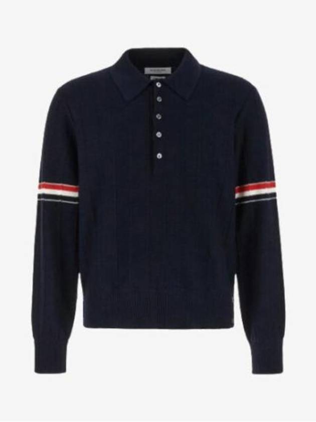 Striped Virgin Wool Long Sleeve Polo Shirt Navy - THOM BROWNE - BALAAN 2