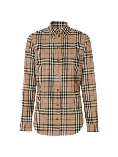 Button Down Collar Vintage Check Stretch Cotton Long Sleeve Shirt Beige - BURBERRY - BALAAN 2