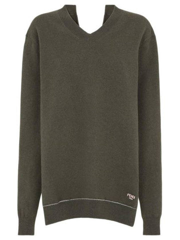 Pullover V-Neck Cashmere Knit Top Dark Green - FENDI - BALAAN 1