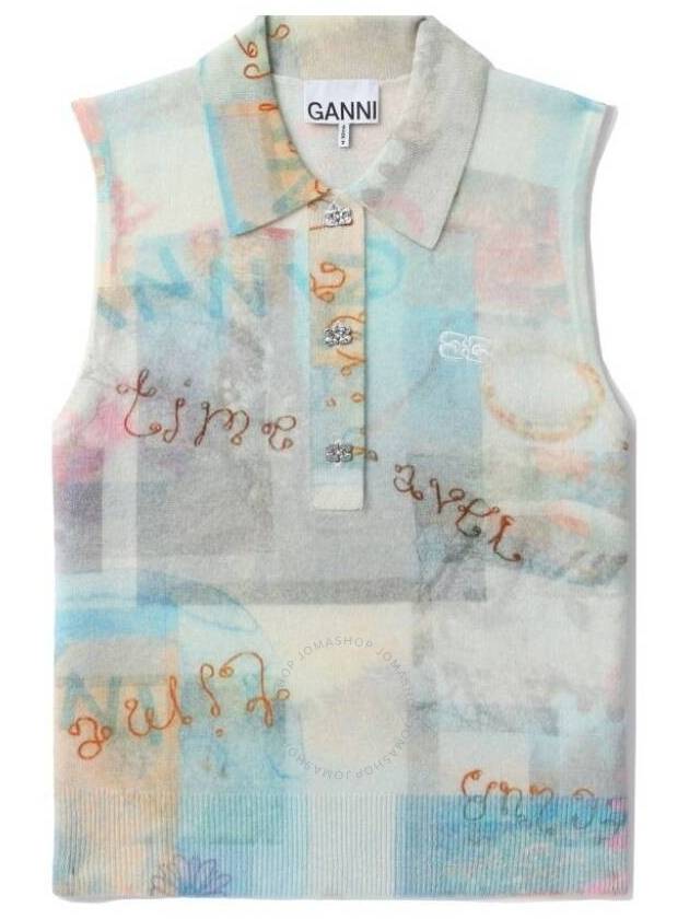 Printed Cashmere Wool Polo Sleeveless Egret - GANNI - BALAAN 2