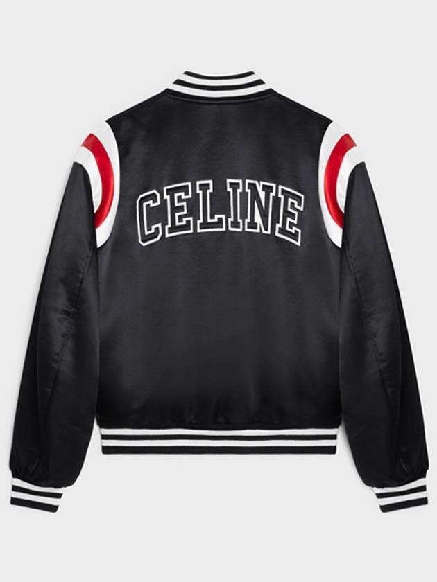 Men's Logo Patch Satin Bomber Jacket Black - CELINE - BALAAN 4