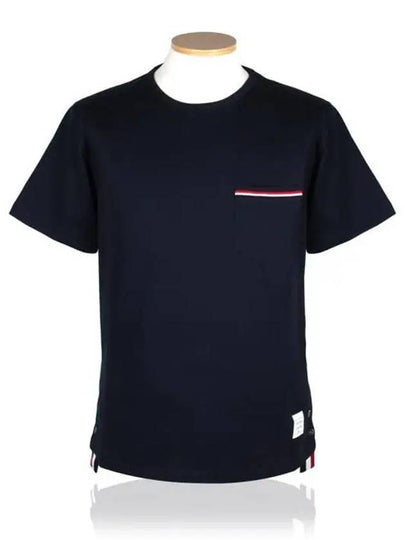 Men's Medium Weight Jersey Tipped Pocket Crewneck Short Short Sleeve T-Shirt Navy - THOM BROWNE - BALAAN 2