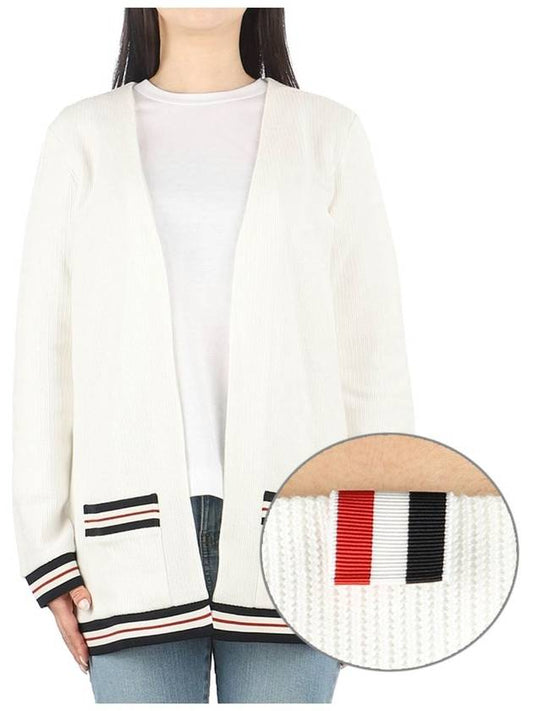 Cricket Stripe Lightweight Textured Cotton V-Neck Cardigan White - THOM BROWNE - BALAAN 2