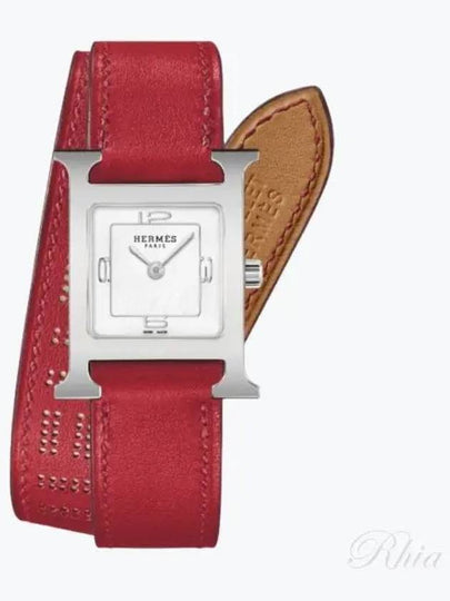 H Heure Medium Leather Watch Vermillion Silver White - HERMES - BALAAN 2