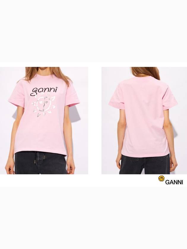 Logo Print Organic Cotton Short Sleeve T-Shirt Pink - GANNI - BALAAN 6