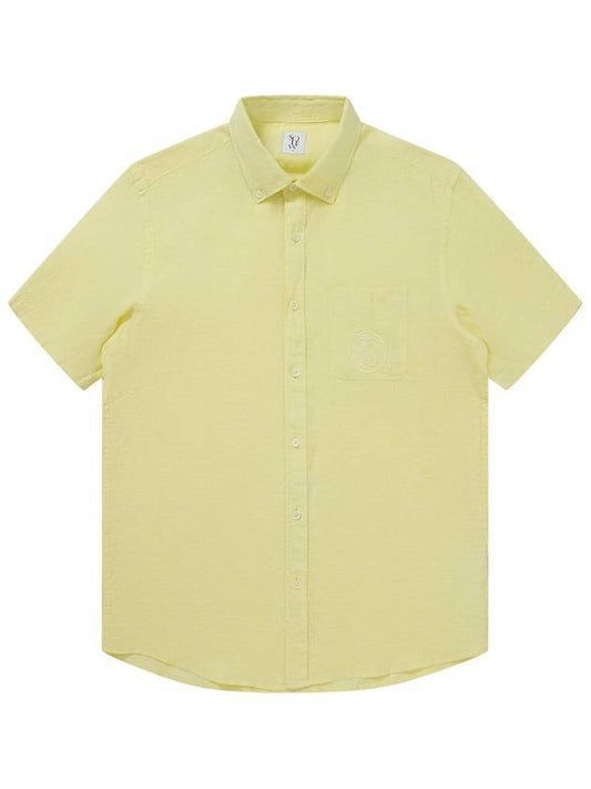Men's Linen Emblem Embroidery Short Sleeve Shirt Lemon SW23ESH05LO - SOLEW - BALAAN 2