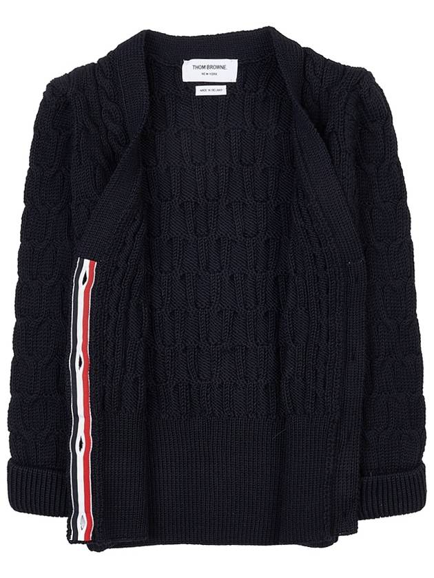 Merino Wool Crisscross Cable Stitch 3/4 Sleeve V-Neck Cardigan Navy - THOM BROWNE - BALAAN 10