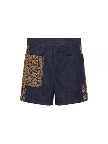 Flower Embroidered Cotton Denim Shorts Blue - DIOR - BALAAN 1