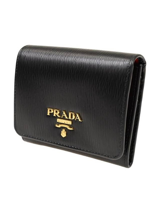 Vitello gold logo 3-fold bifold wallet black red - PRADA - BALAAN.