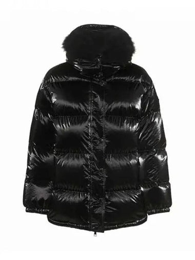 HANAU Black arm logo patch nylon fur hood short down jacket glossy women s padding 233361 - MONCLER - BALAAN 1