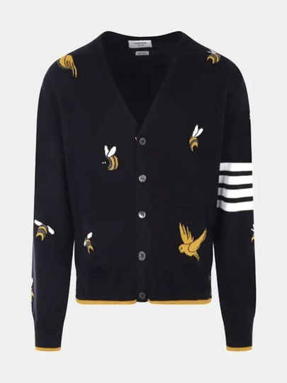 Men's Merino Bird Bee 4 Bar V-Neck Merino Cotton Cardigan Navy - THOM BROWNE - BALAAN 2