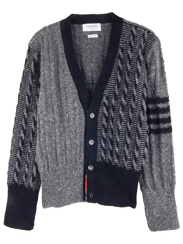 Funmix Donnyroll Cable 4 Bar V-Neck Cardigan Medium Grey - THOM BROWNE - BALAAN 3