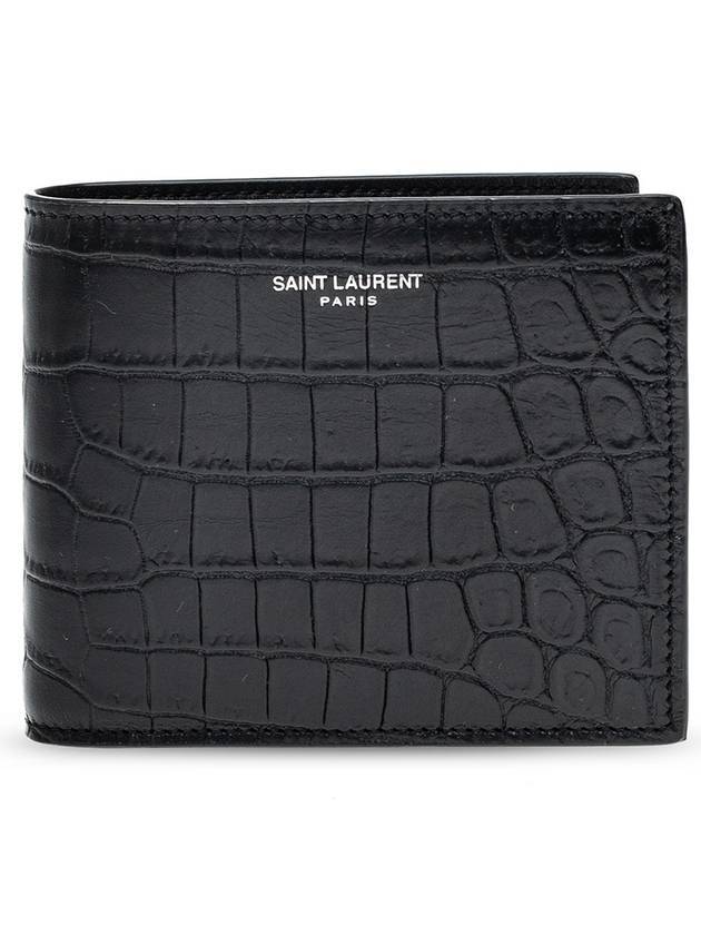 Crocodile Embossed Leather Half Wallet Black - SAINT LAURENT - BALAAN 1