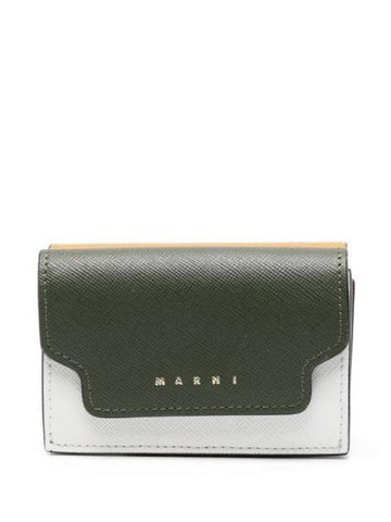 Saffiano Color Block Tri-Fold Half Wallet Green - MARNI - BALAAN 1