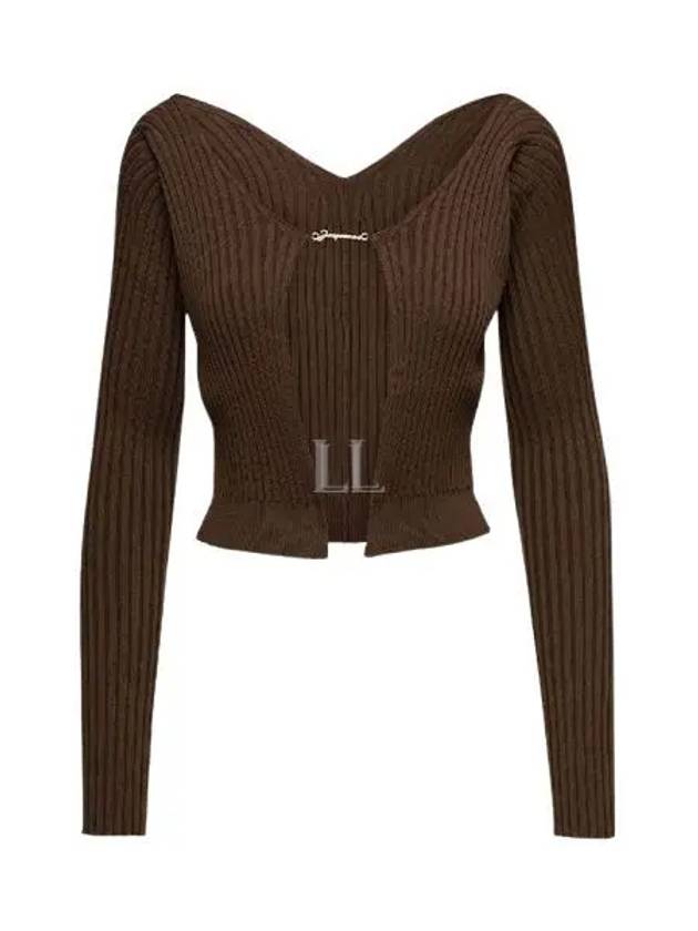 La Maille Pralu Longue Micro Charm Logo Cardigan Brown - JACQUEMUS - BALAAN 2