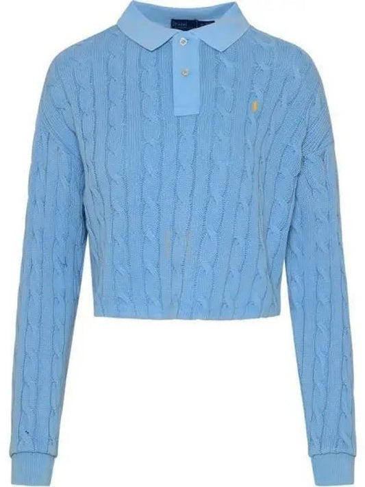 Embroidered Logo Pony Cable Long-Sleeve Collar Knit Top Blue - POLO RALPH LAUREN - BALAAN 2