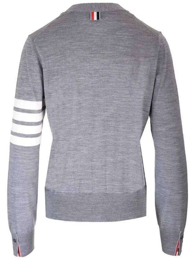 Sustainable Fine Merino Wool 4-Bar Relaxed Fit V-Neck Cardigan Light Grey - THOM BROWNE - BALAAN 4