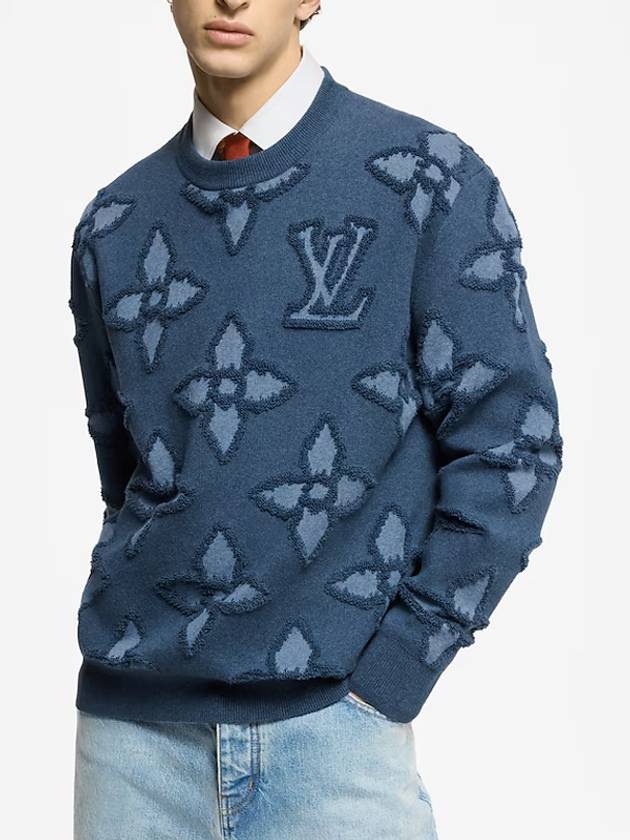 Men s Knit Jacquard Textured Cotton Crew Neck Indigo Blue - LOUIS VUITTON - BALAAN 7