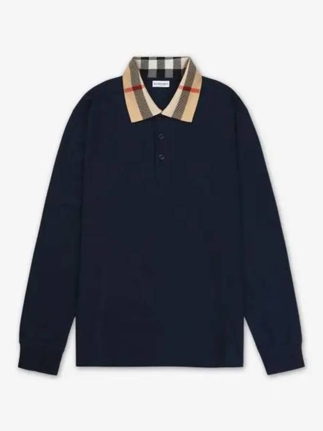 Check Collar Cotton Pique Long Sleeve Polo Shirt Smoke Navy - BURBERRY - BALAAN 2