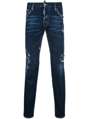 Men's Embroidered Damaged Washed City Biker Jeans Blue - DSQUARED2 - BALAAN 1