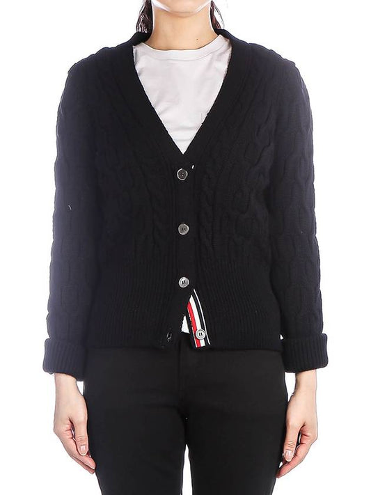 Merino Wool Crisscross Cable Stitch 3/4 Sleeve V-Neck Cardigan Navy - THOM BROWNE - BALAAN 2