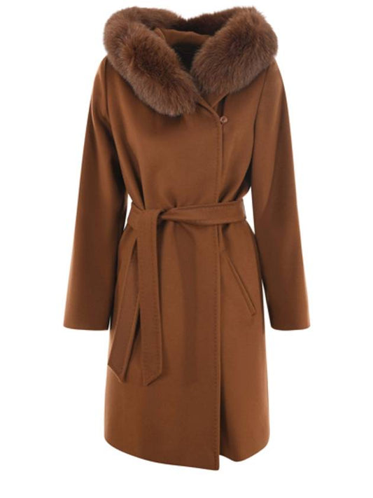 Mango Fox Fur Hooded Wool Single Coat Brown - MAX MARA - BALAAN 1