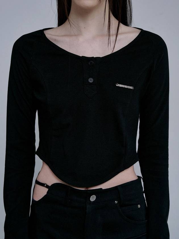 Shirring U Neck Long Sleeve T-Shirt Black - JINJUSE - BALAAN 1