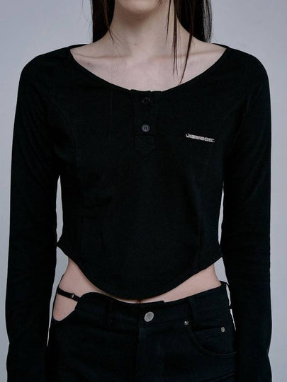 Shirring U Neck Long Sleeve T-Shirt Black - JINJUSE - BALAAN 2