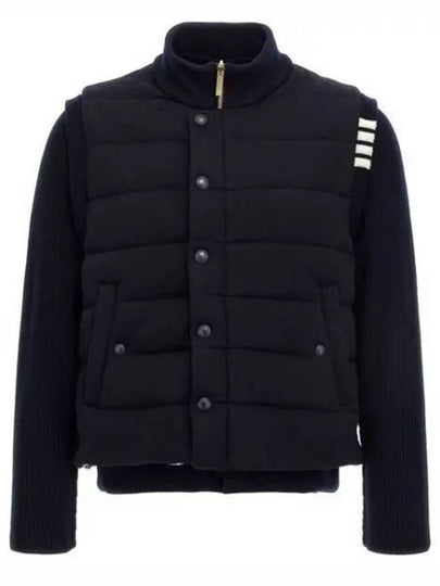 Men's Reversible Padded 4 Bar Funnel Neck Merino Jersey Padding Jacket Navy - THOM BROWNE - BALAAN 2