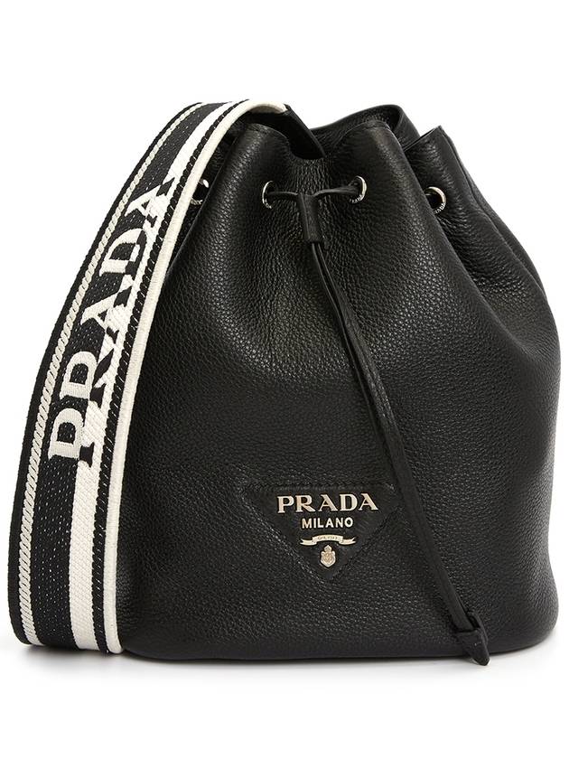 Logo Flo Leather Bucket Bag Black - PRADA - BALAAN 3