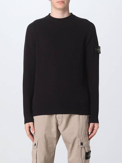 Men's Waffen Patch Crew Neck Raw Cotton Knit Top Black - STONE ISLAND - BALAAN 2