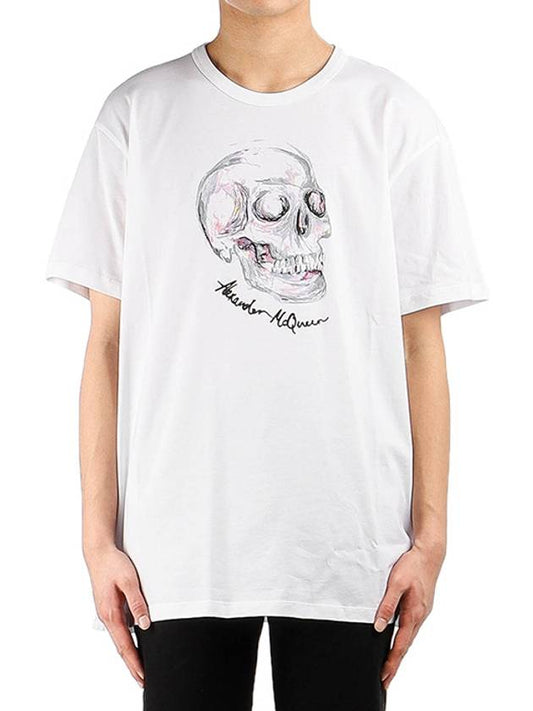 Men's Watercolor Skull Print Short Sleeve T-Shirt White - ALEXANDER MCQUEEN - BALAAN.