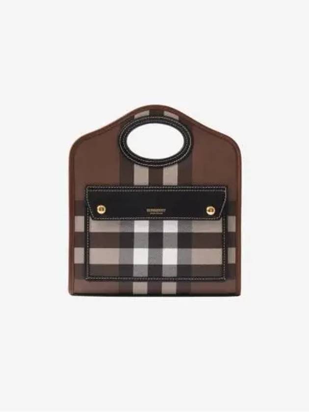 Mini Pocket Checked Leather Tote Bag Dark Burch Brown - BURBERRY - BALAAN 3