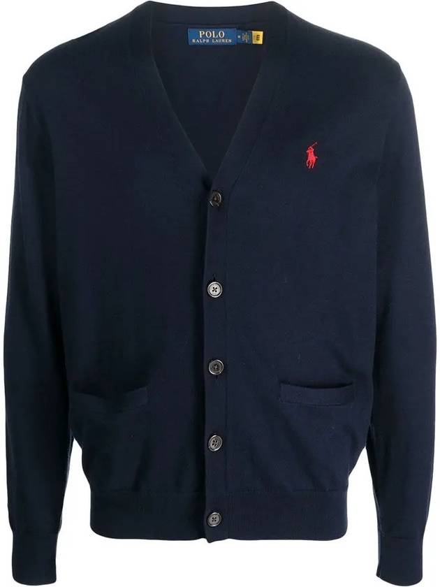 V-Neck Embroidery Logo Cardigan Navy - POLO RALPH LAUREN - BALAAN 3