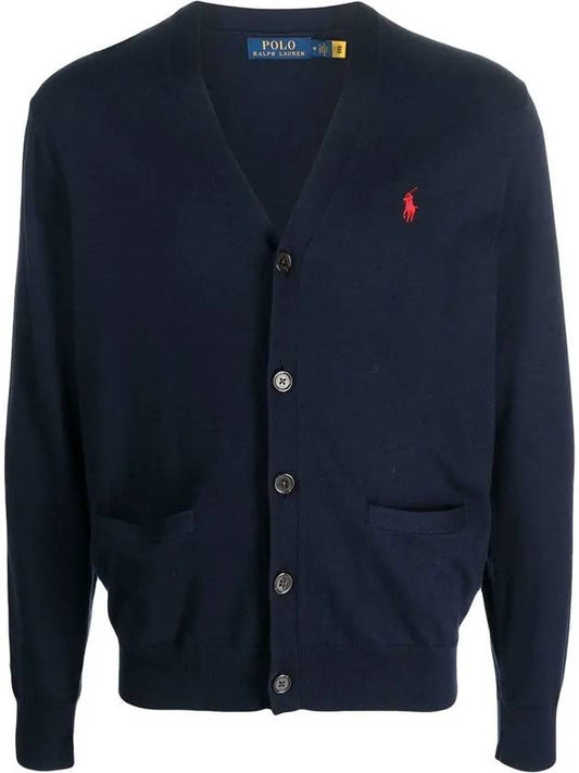 V-Neck Embroidery Logo Cardigan Navy - POLO RALPH LAUREN - BALAAN 2