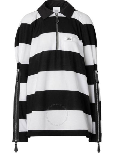 Burberry Ladies Black Pattern Zip Detail Striped Pique Cotton Loose Fit Rugby Shirt, Size XX-Small - BURBERRY - BALAAN 1