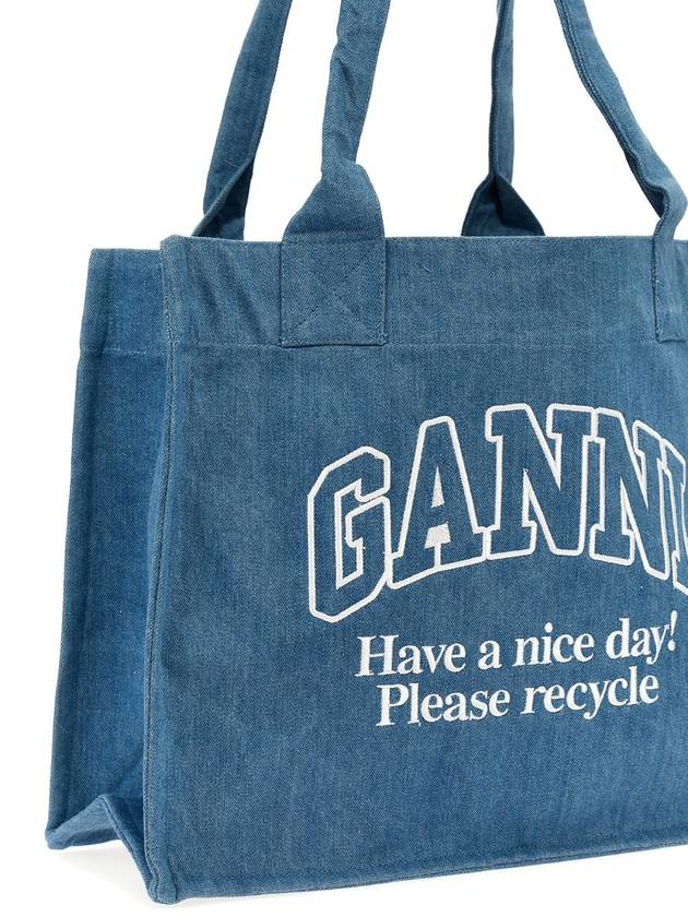 Embroidered Logo Large Denim Tote Bag Blue - GANNI - BALAAN 4