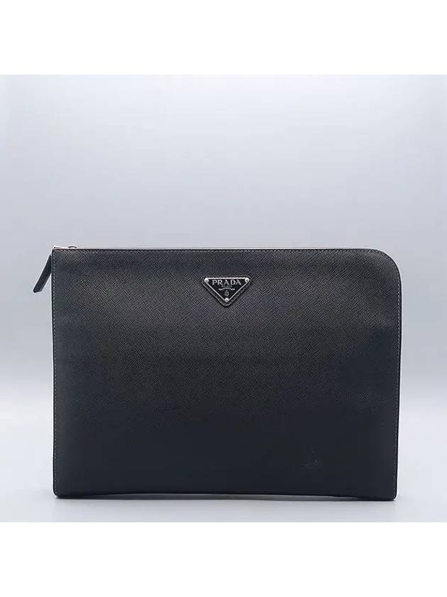 2VN003 Black Saffiano Silver Triangular Logo Document Holder Clutch - PRADA - BALAAN 1