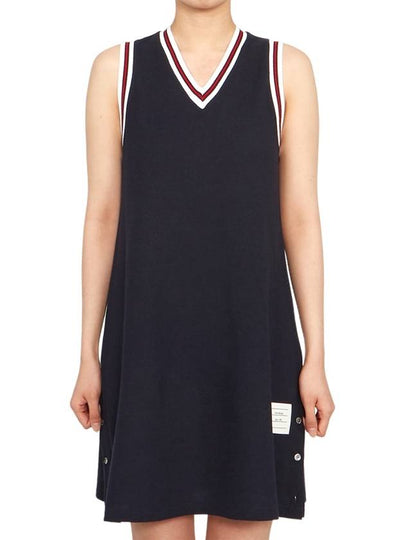 Women's Classic Pique Stripe V-Neck Cotton Tennis Dress Navy - THOM BROWNE - BALAAN 2