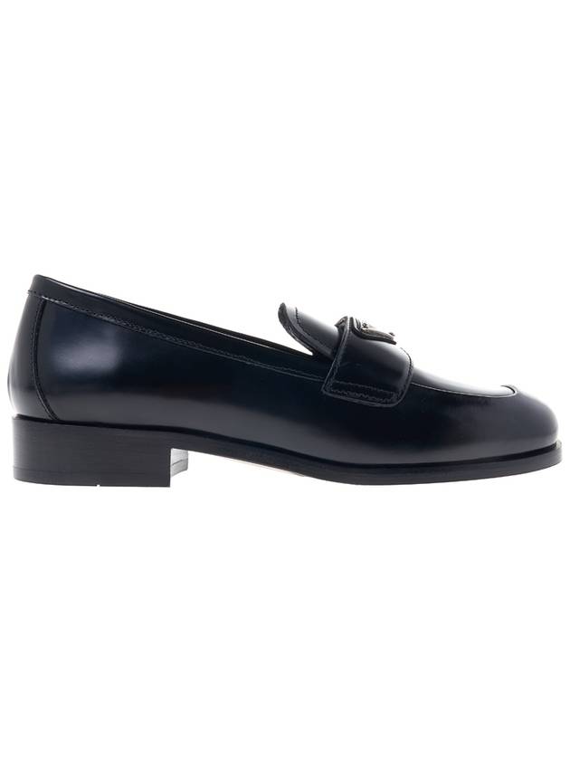 brushed triangle logo leather loafers black - PRADA - BALAAN.